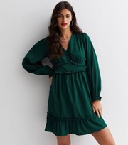 New Look Dark Green V Neck Long Sleeve Frill Mini Dress